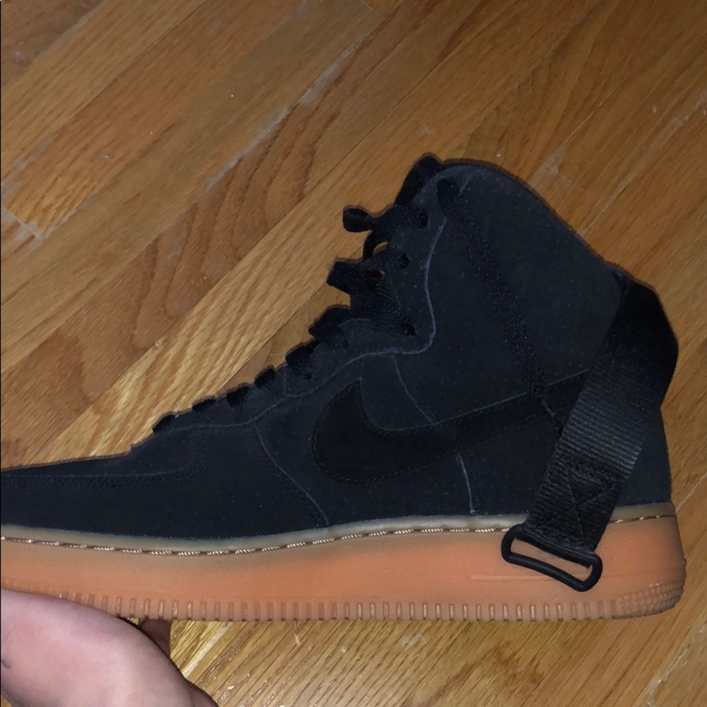 Nike AF1 high top, black suede with gum sole